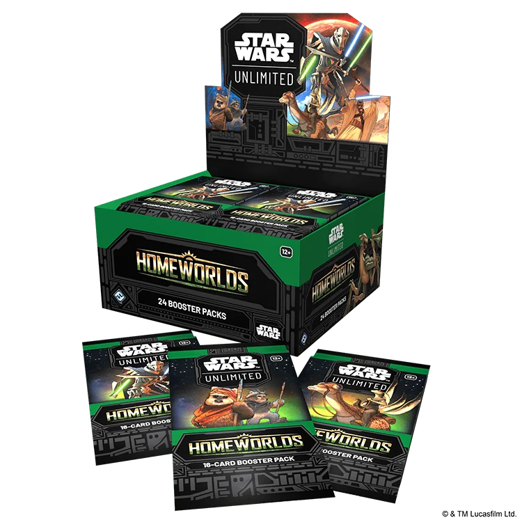 English Star Wars Unlimited Homeworlds booster box with three different booster pack artworks in front