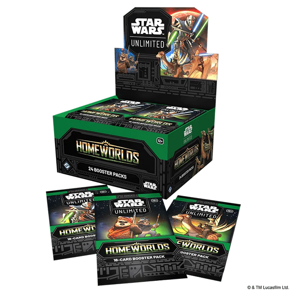 English Star Wars Unlimited Homeworlds booster box with three different booster pack artworks in front