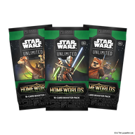 Three English Star Wars Unlimited Homeworlds booster pack wrappers with different artworks