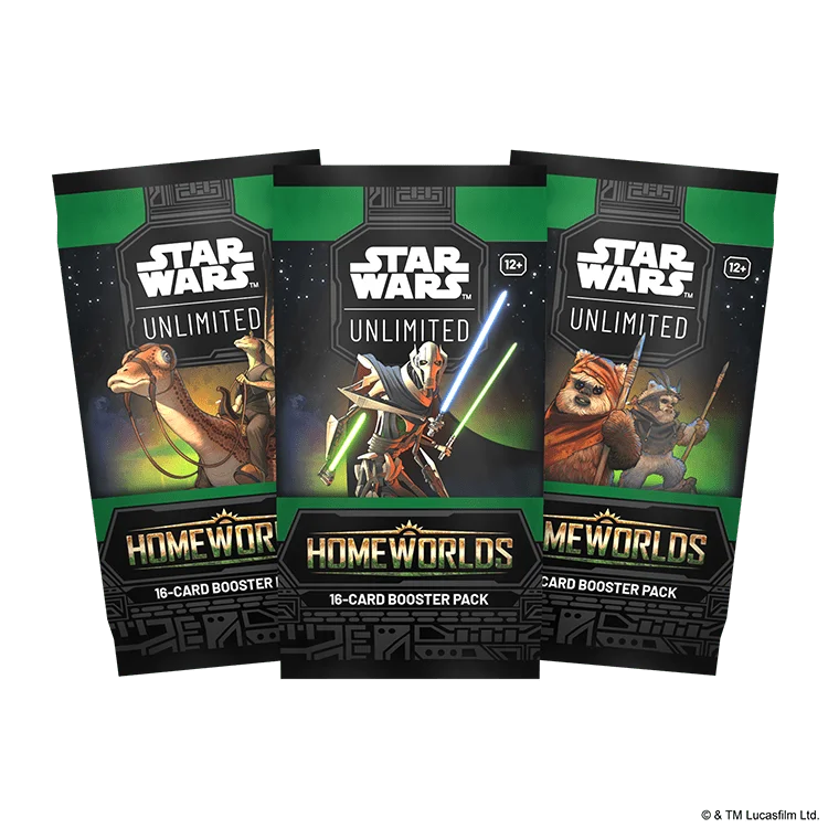 Three English Star Wars Unlimited Homeworlds booster pack wrappers with different artworks