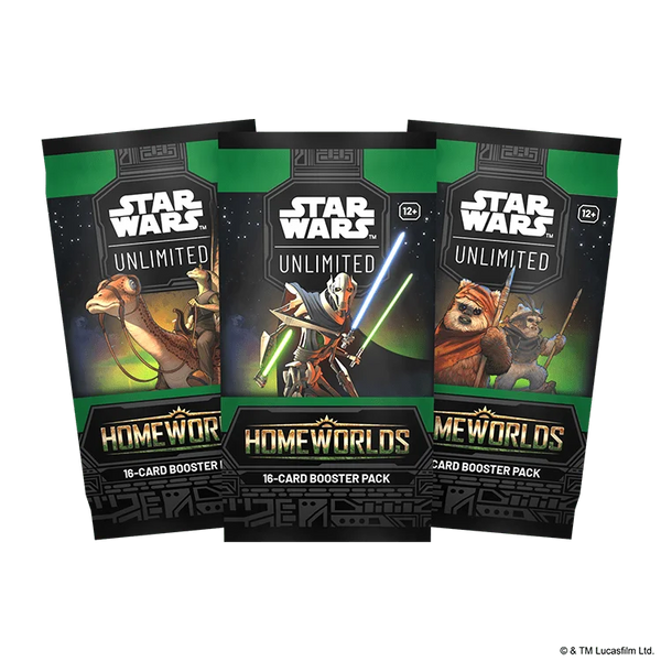 Three English Star Wars Unlimited Homeworlds booster pack wrappers with different artworks