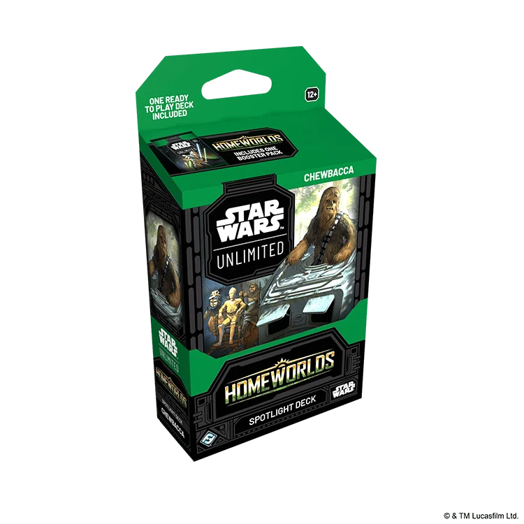 English Star Wars Unlimited Homeworlds Spotlight Deck packaging featuring Chewbacca, angled view from the left
