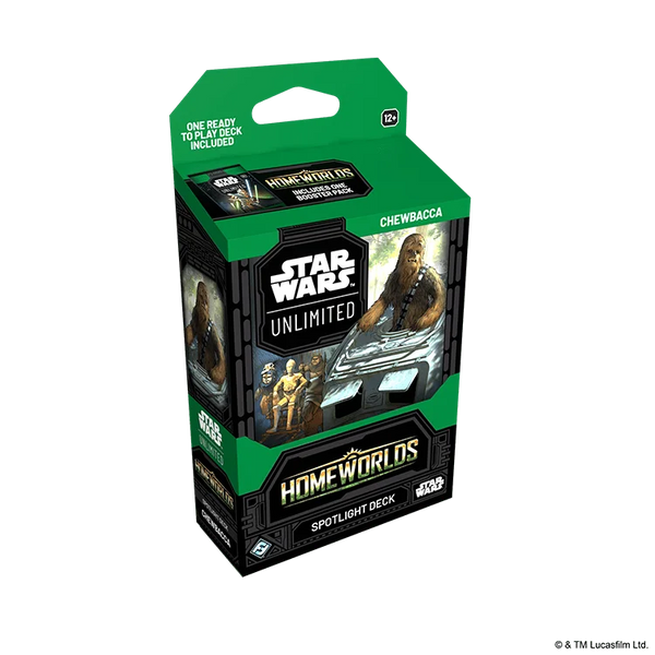 English Star Wars Unlimited Homeworlds Spotlight Deck packaging featuring Chewbacca, angled view from the left