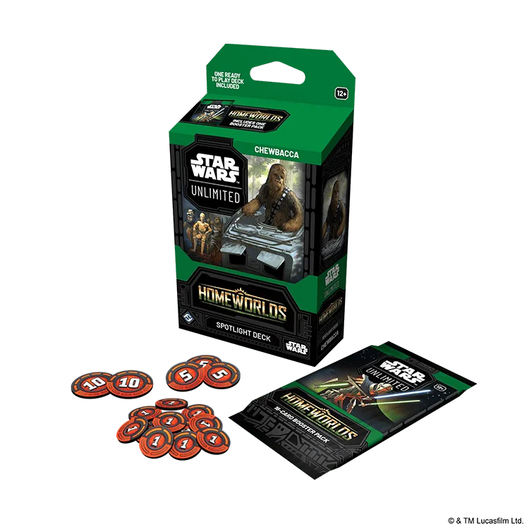 English Star Wars Unlimited Homeworlds Chewbacca Spotlight Deck with packaging, cards and damage tokens