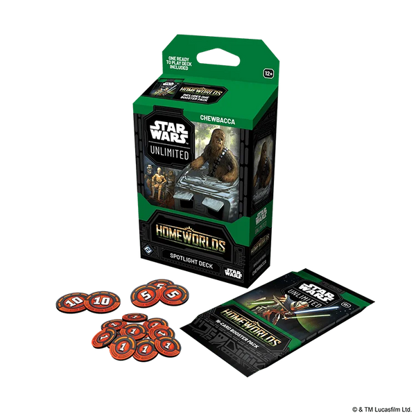 English Star Wars Unlimited Homeworlds Chewbacca Spotlight Deck with packaging, cards and damage tokens