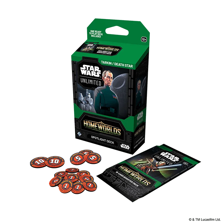 English Star Wars Unlimited Homeworlds Grand Moff Tarkin Spotlight Deck with packaging, cards and damage tokens