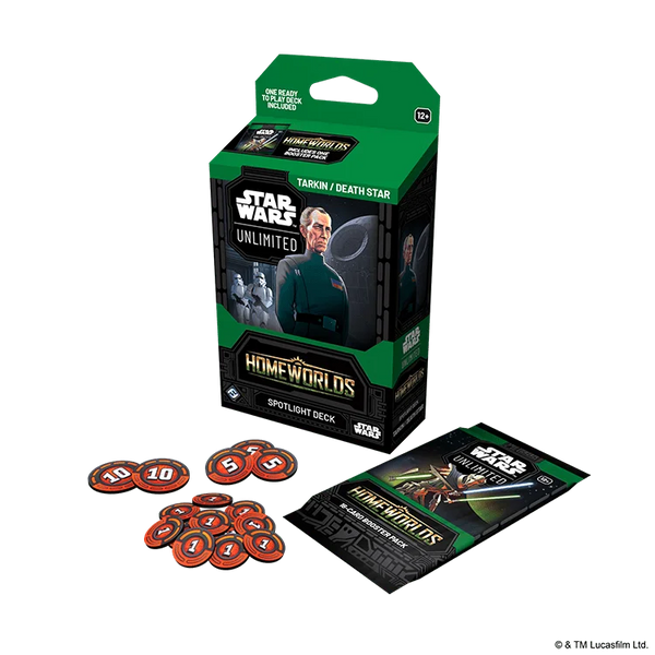 English Star Wars Unlimited Homeworlds Grand Moff Tarkin Spotlight Deck with packaging, cards and damage tokens