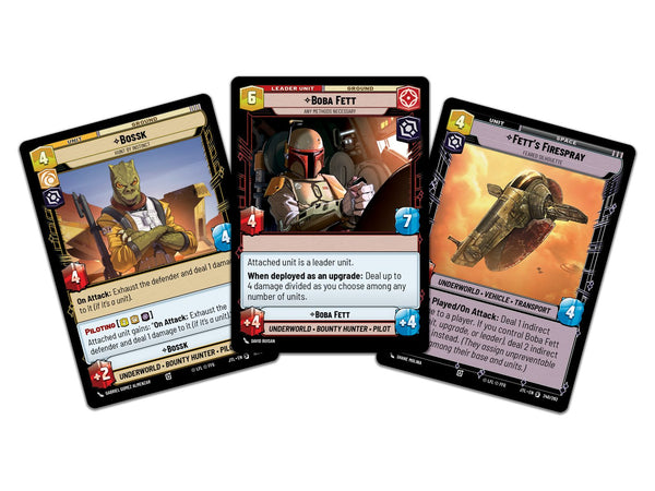 Star Wars Unlimited Jump to Lightspeed Spotlight Deck Boba Fett - voorbeeldkaarten uit het deck: Bossk, Boba Fett en Fett's Firespray