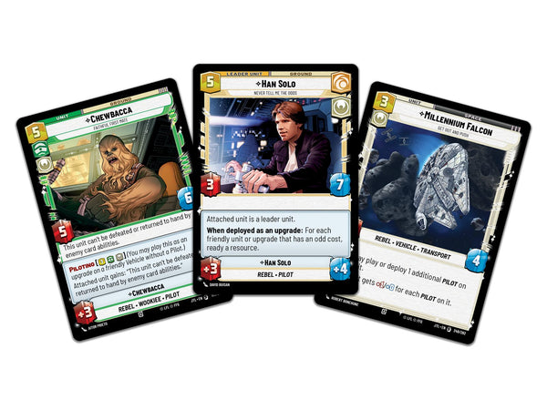 Star Wars Unlimited Jump to Lightspeed Spotlight Deck Han Solo - voorbeeldkaarten uit het deck: Chewbacca, Han Solo en Millennium Falcon