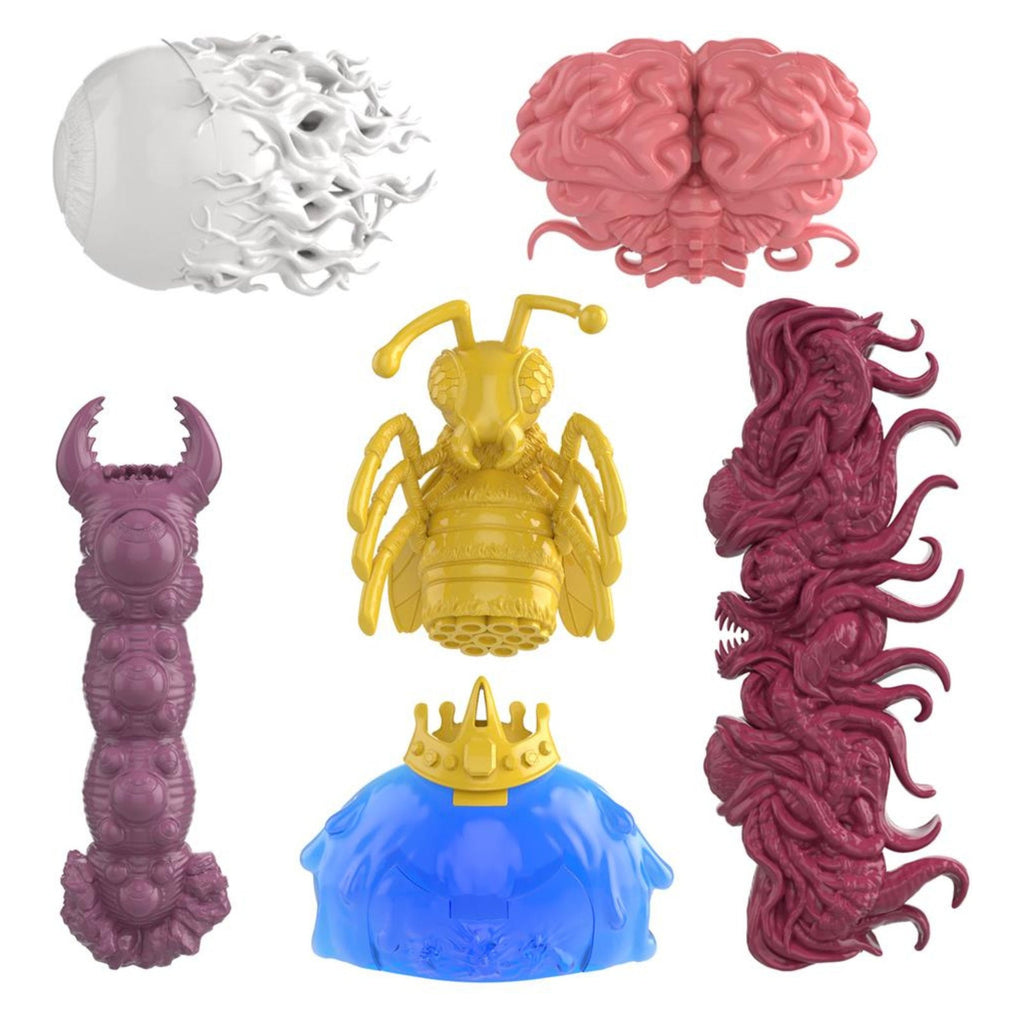 De zes gekleurde eindbaas-miniaturen uit de Terraria Boss Miniatures Pack