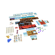 Overzicht van de inhoud van Terraria: The Board Game met speelbord, kaarten, dobbelstenen en fiches