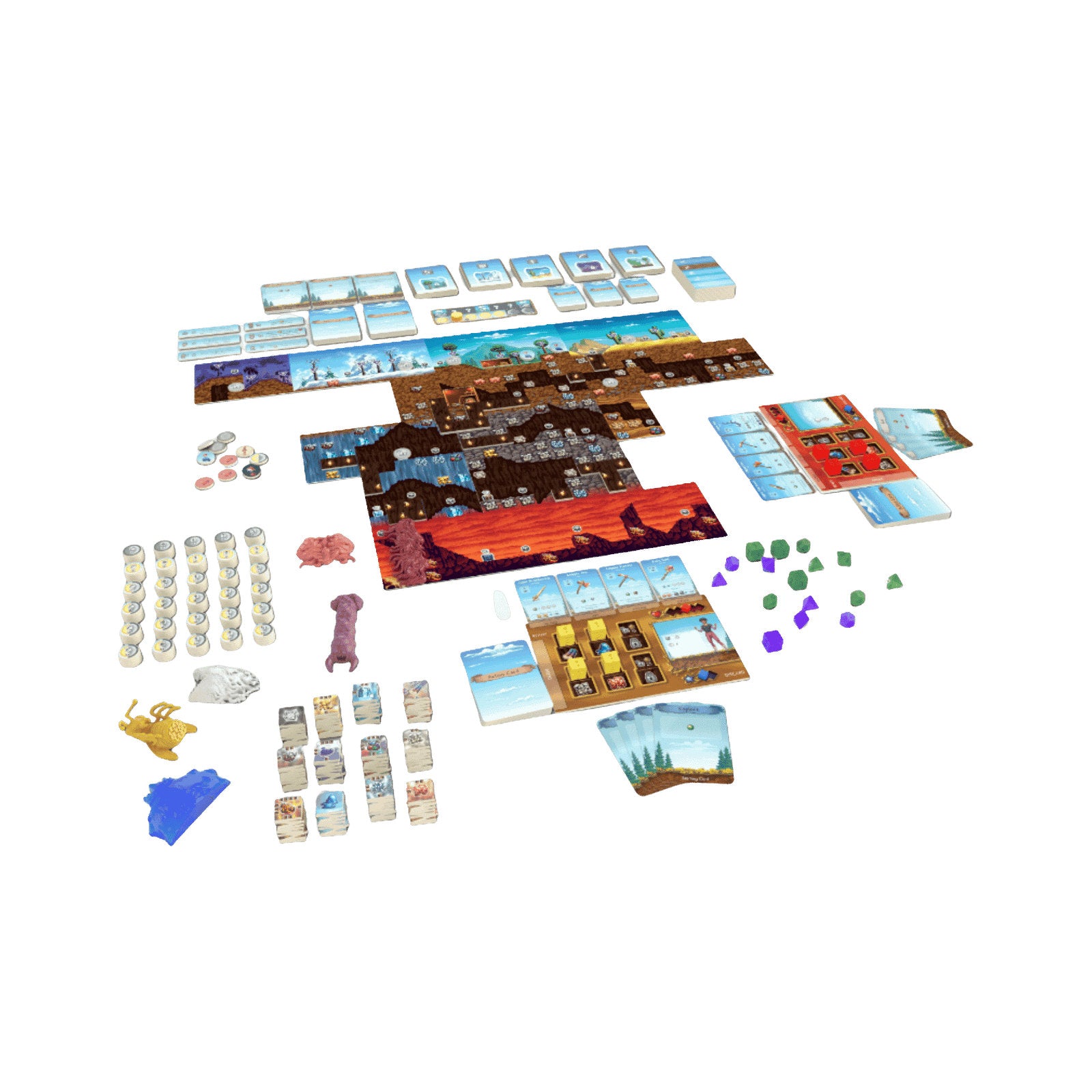 Overzicht van de inhoud van Terraria: The Board Game met speelbord, kaarten, dobbelstenen en fiches