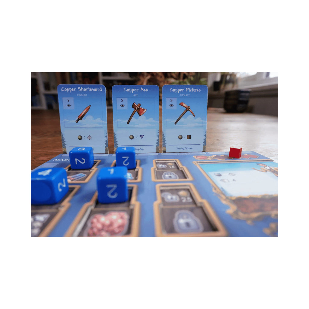 Uitrustingskaarten Copper Shortsword, Copper Axe en Copper Pickaxe uit Terraria: The Board Game