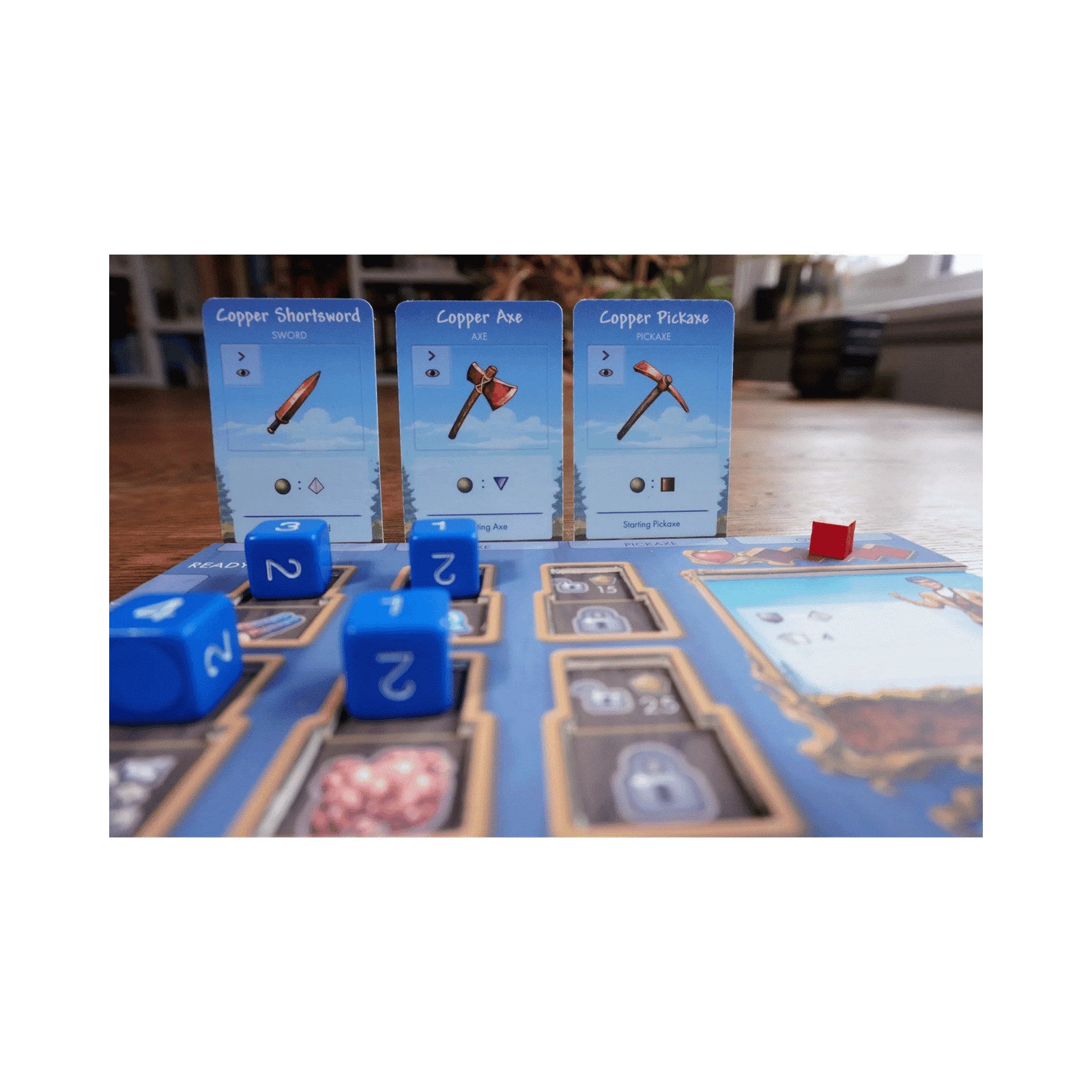Uitrustingskaarten Copper Shortsword, Copper Axe en Copper Pickaxe uit Terraria: The Board Game