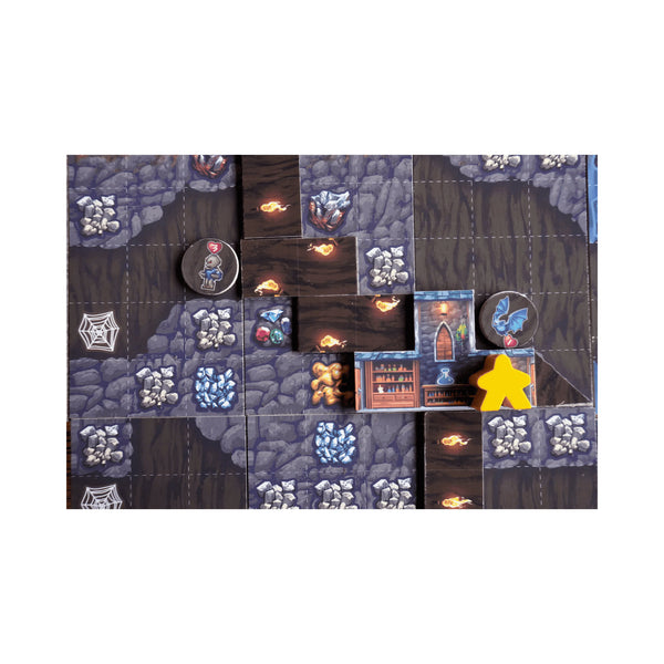 Mijnbouw in Terraria: The Board Game met erts, edelstenen en een schatkist op het speelbord