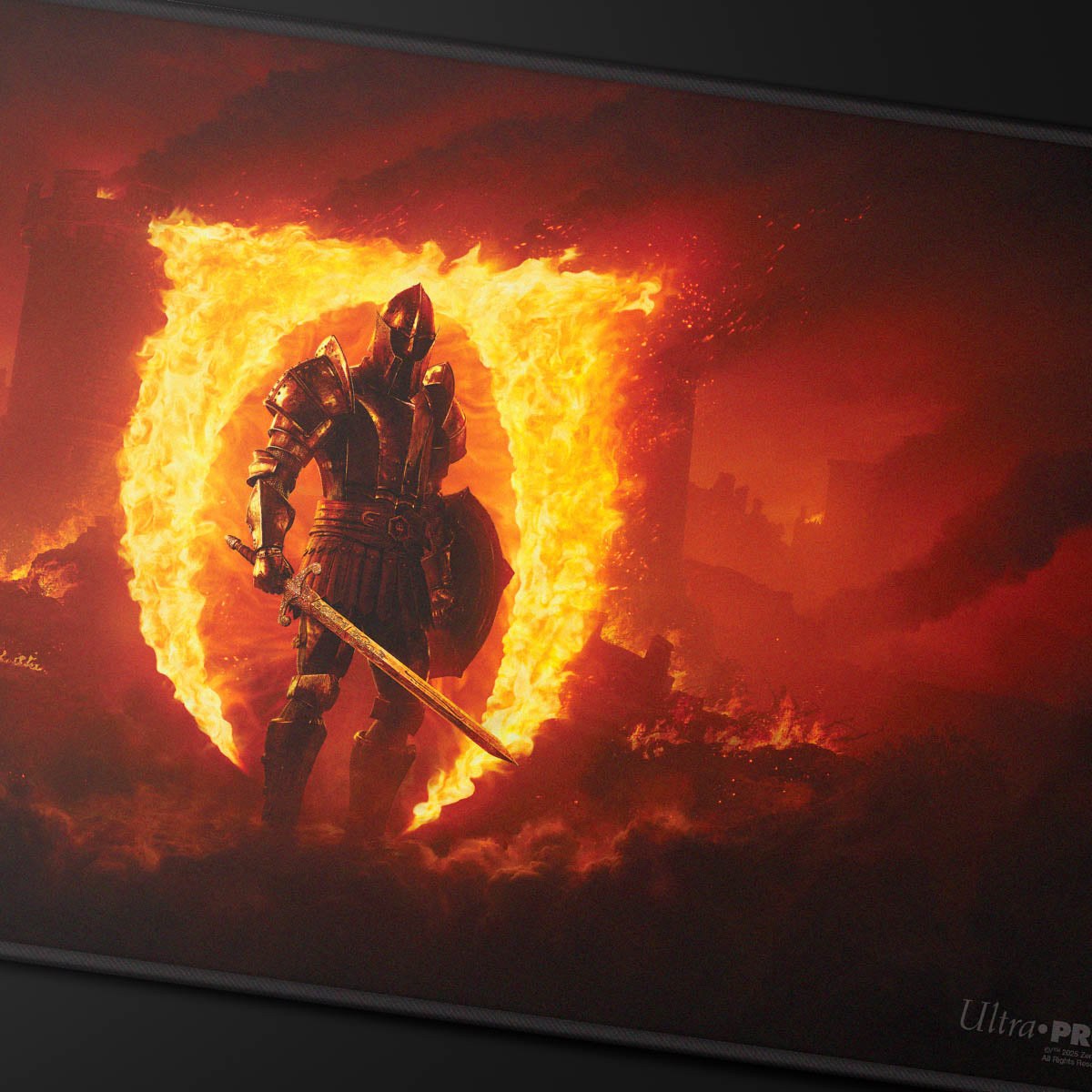 Close-up van het artwork op de Ultra Pro speelmat The Elder Scrolls IV: Oblivion Remastered met gestikte rand