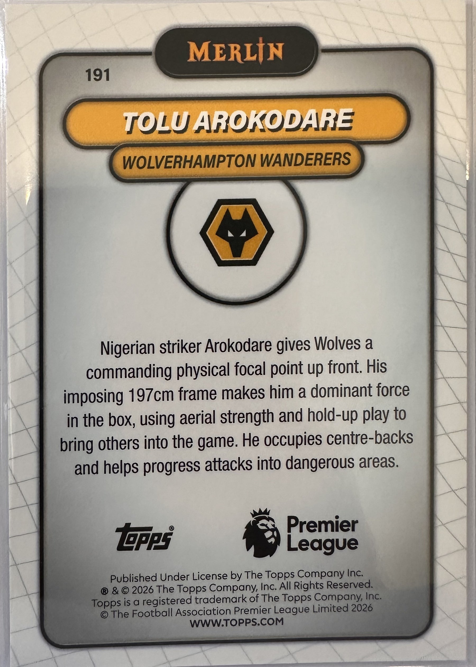 Tolu Arokodare - 2025-26 Topps Merlin Premier League (Mojo Refractor RC) [191] - achterkant