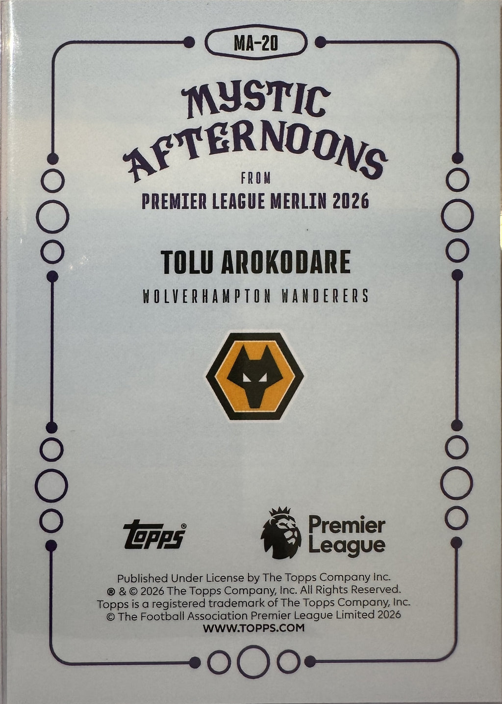 Tolu Arokodare - 2025-26 Topps Merlin Premier League (Mystic Afternoons RC) [MA-20] - achterkant