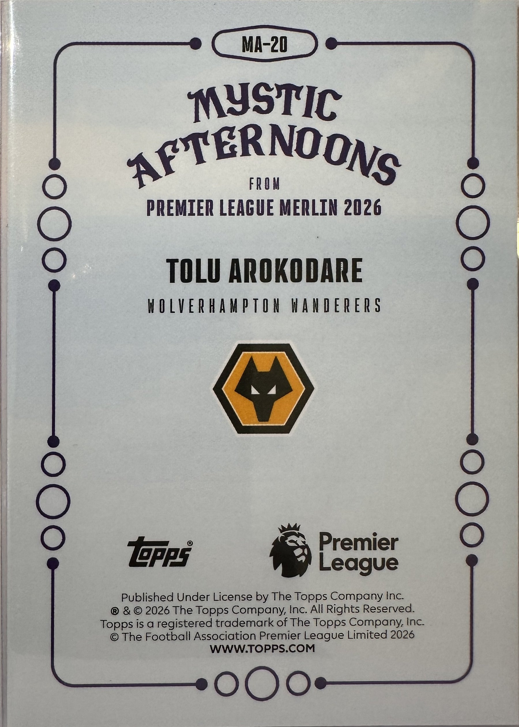 Tolu Arokodare - 2025-26 Topps Merlin Premier League (Mystic Afternoons RC) [MA-20] - achterkant