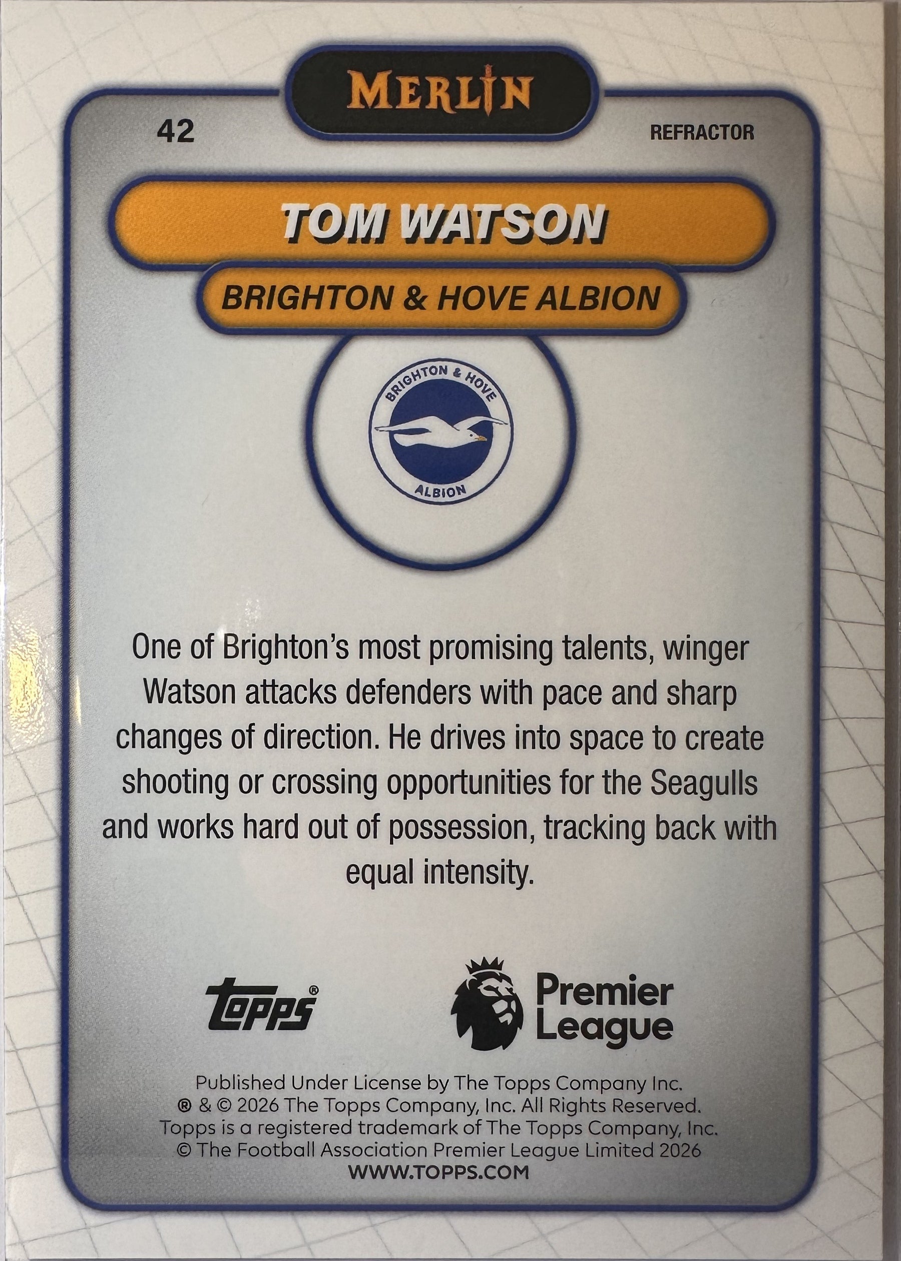 Tom Watson - 2025-26 Topps Merlin Premier League (Refractor RC) [42] - achterkant