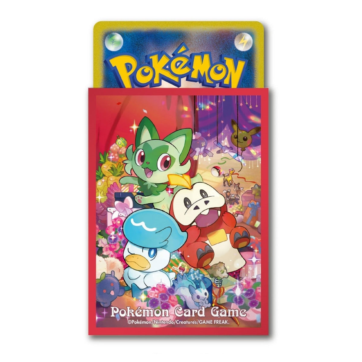 Pokémon Sleeves - Sprigatito, Fuecoco & Quaxly (64 stuks, Japans) – losse sleeve met een kaart erin, close-up van de voorkant (officiële afbeelding Pokémon Center Japan)