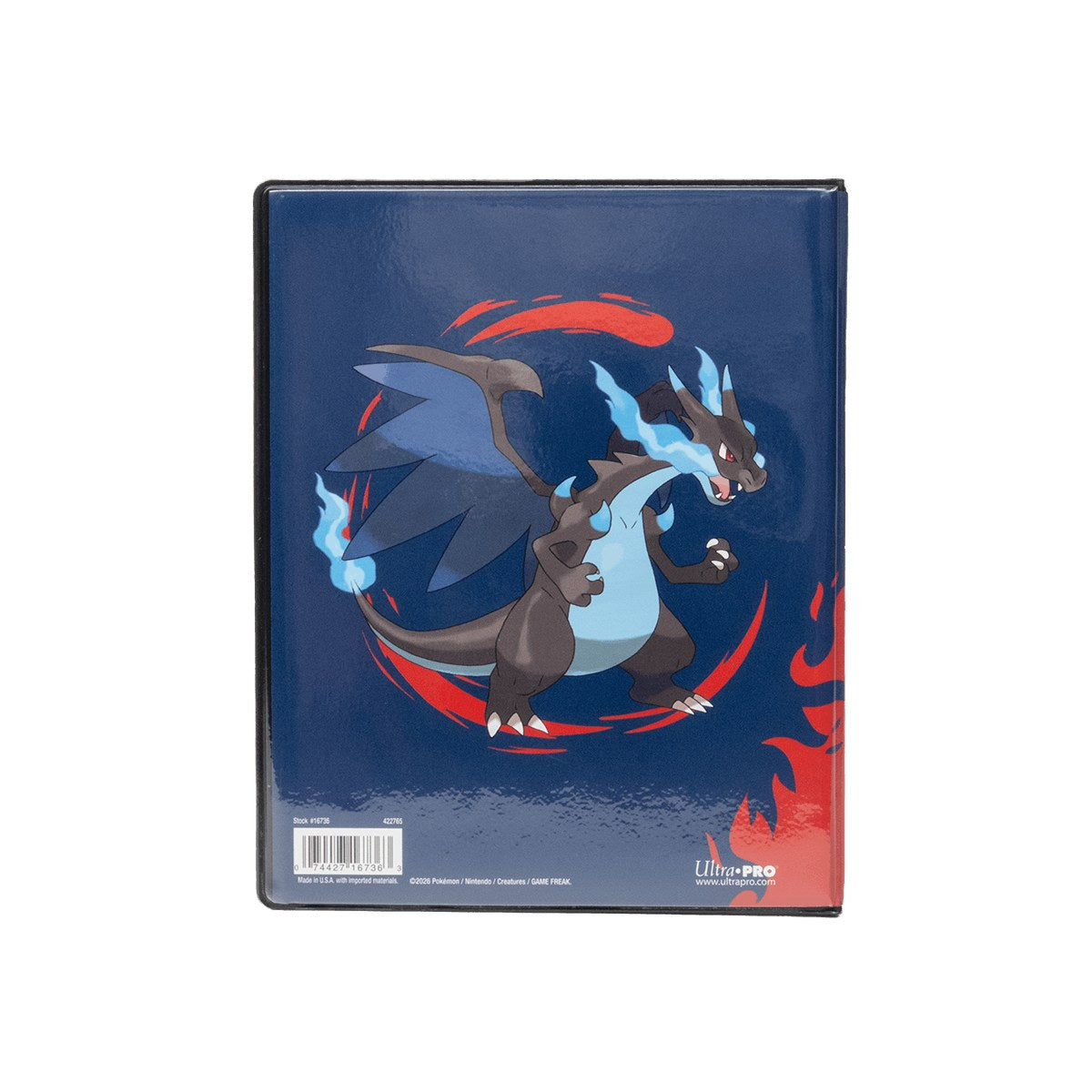 Achterkant van de Ultra Pro 4-Pocket Portfolio met Mega Charizard X op donkerblauwe achtergrond