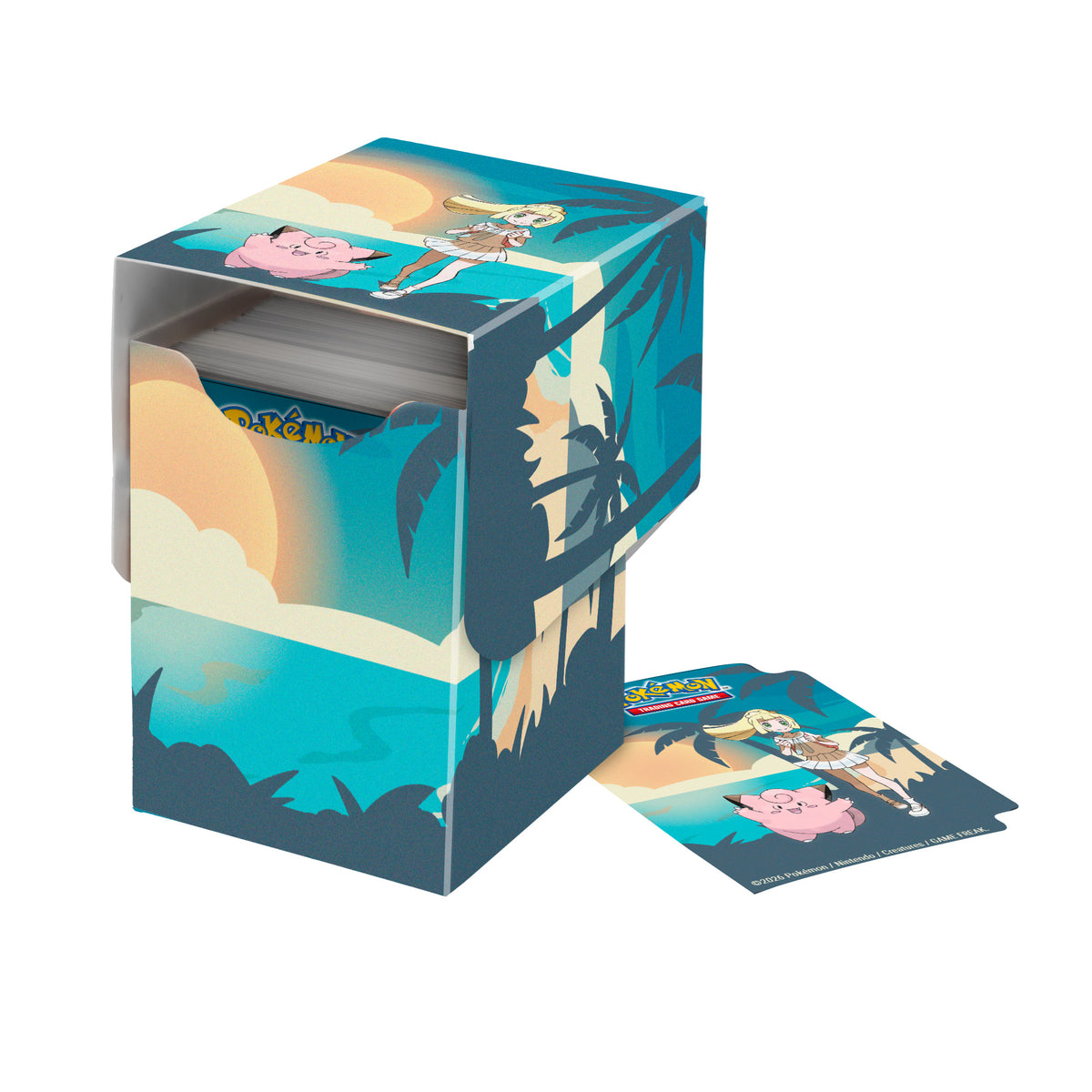 Geöffnete Ultra PRO Pokémon Lillie und Clefairy Deckbox 100+ mit passendem Kartentrenner