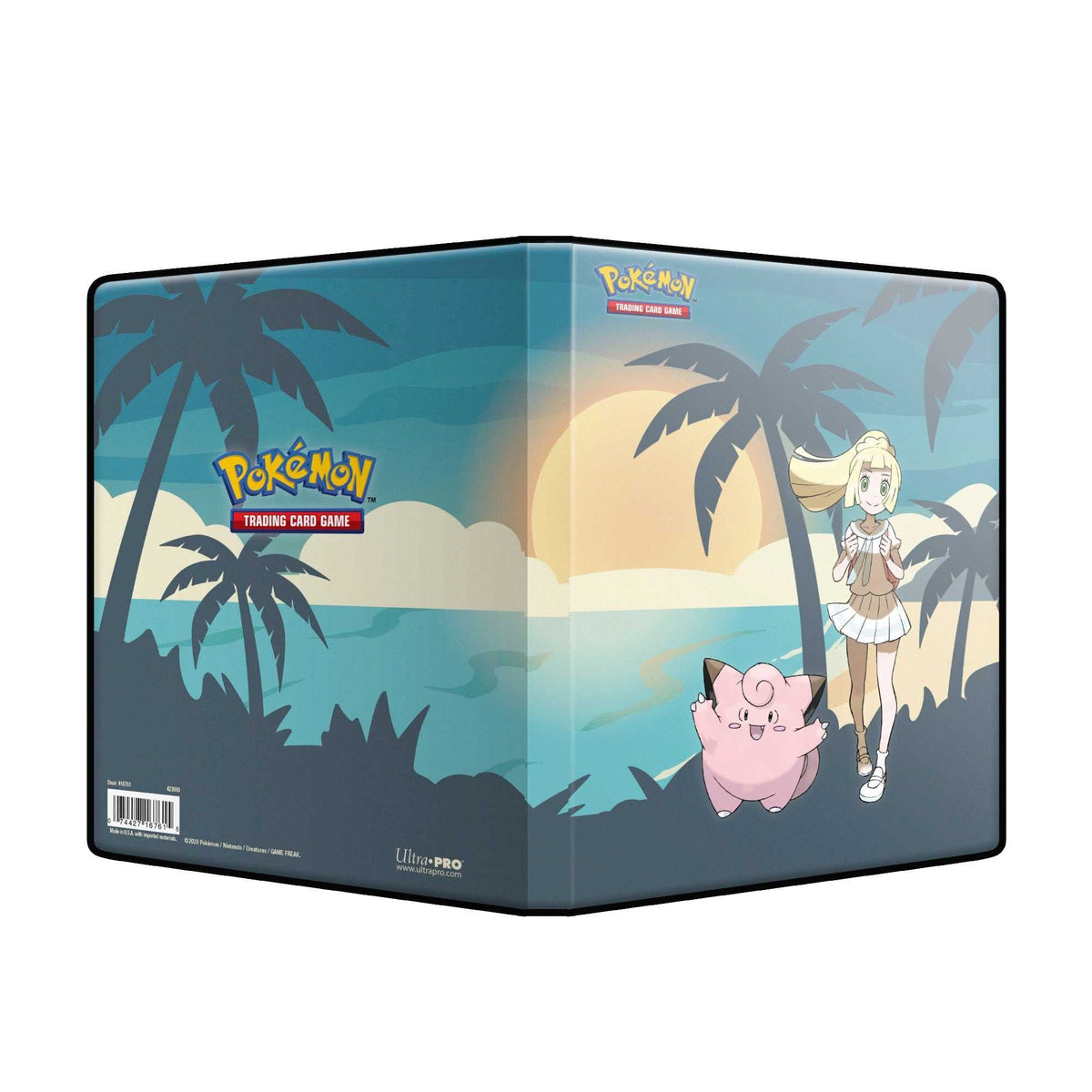 Aufgeklappter Außenumschlag der Lillie und Clefairy 4-Pocket Sammelmappe, Vorder- und Rückseite