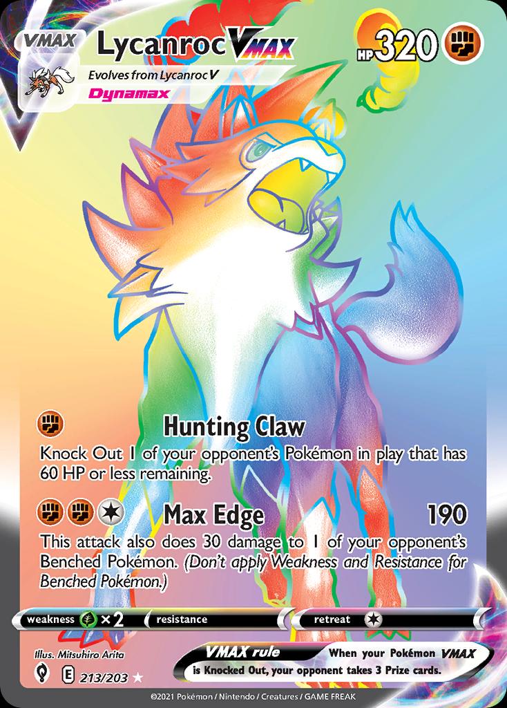 Pokémon-kaart Lycanroc VMAX 213/203 Secret Rare uit de set Evolving Skies