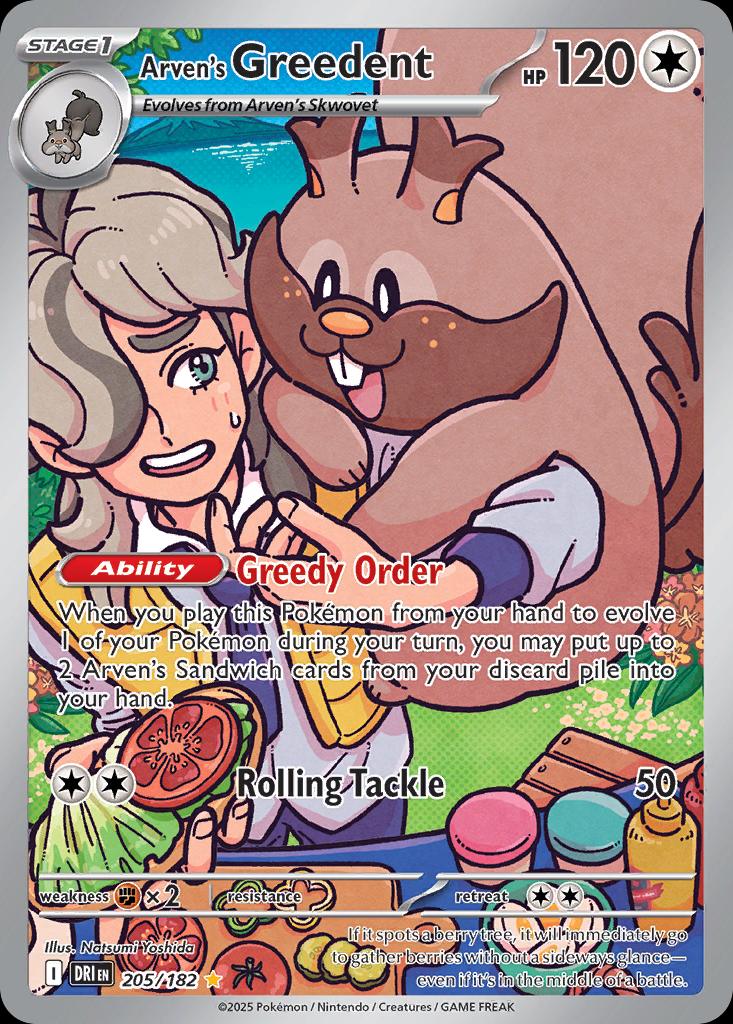 Pokémon-kaart Arven's Greedent 205/182 Illustration Rare uit de set Destined Rivals