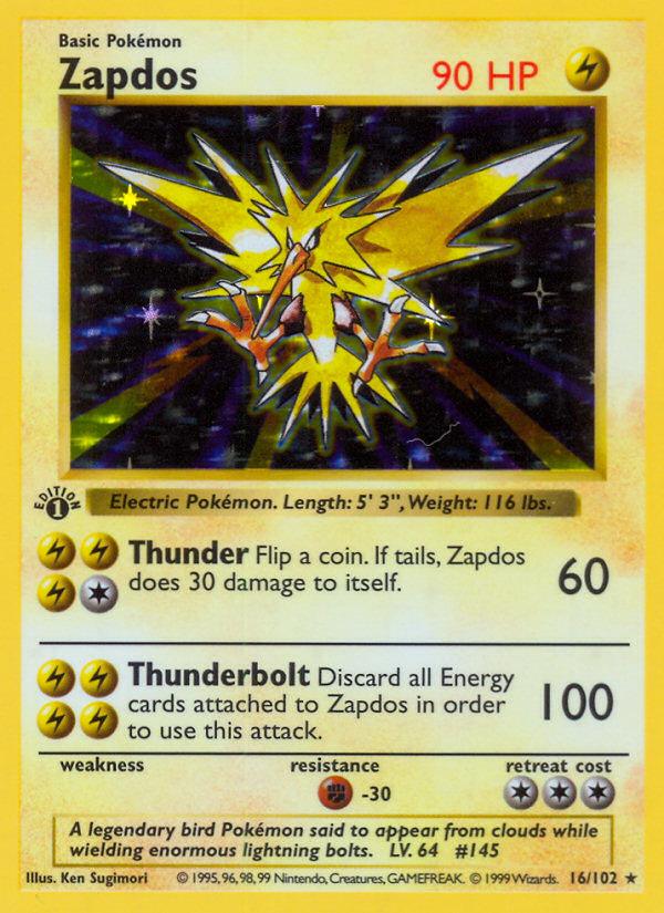 Pokémon-kaart Zapdos 16/102 Holo Rare uit de set Base Set