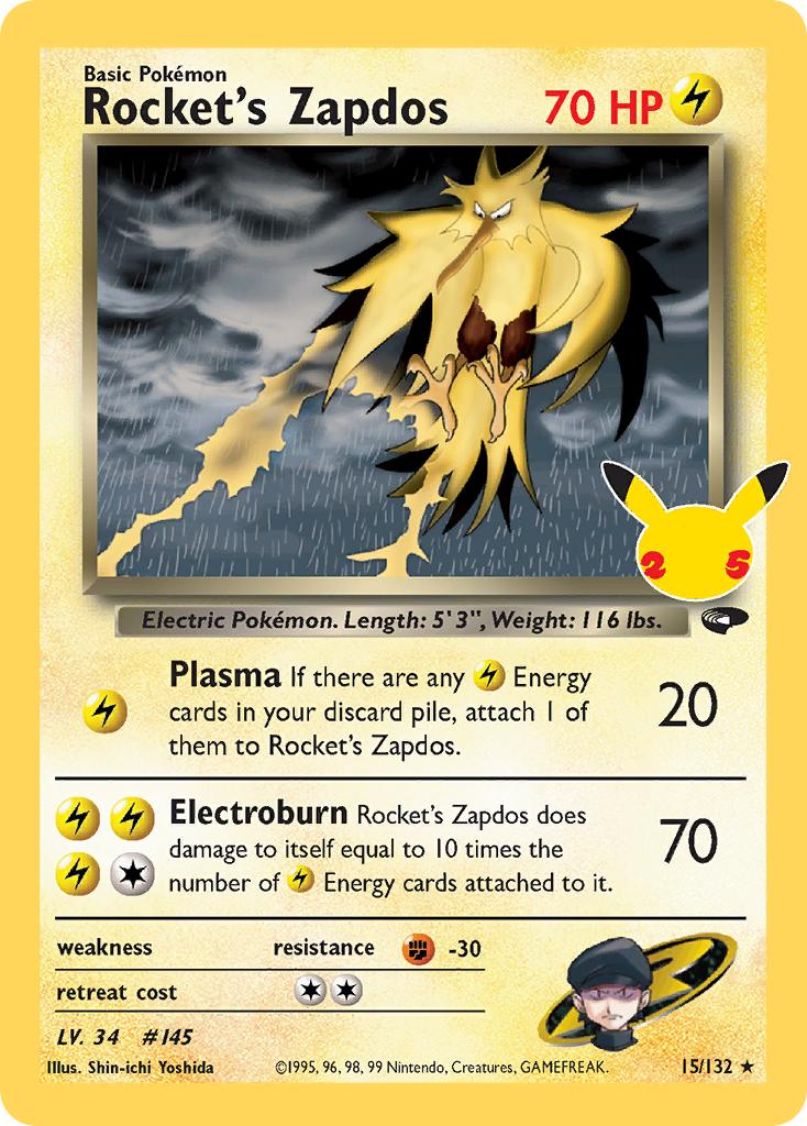 Pokémon-kaart Rocket's Zapdos 15/132 Holo Rare uit de set Celebrations Classic Collection