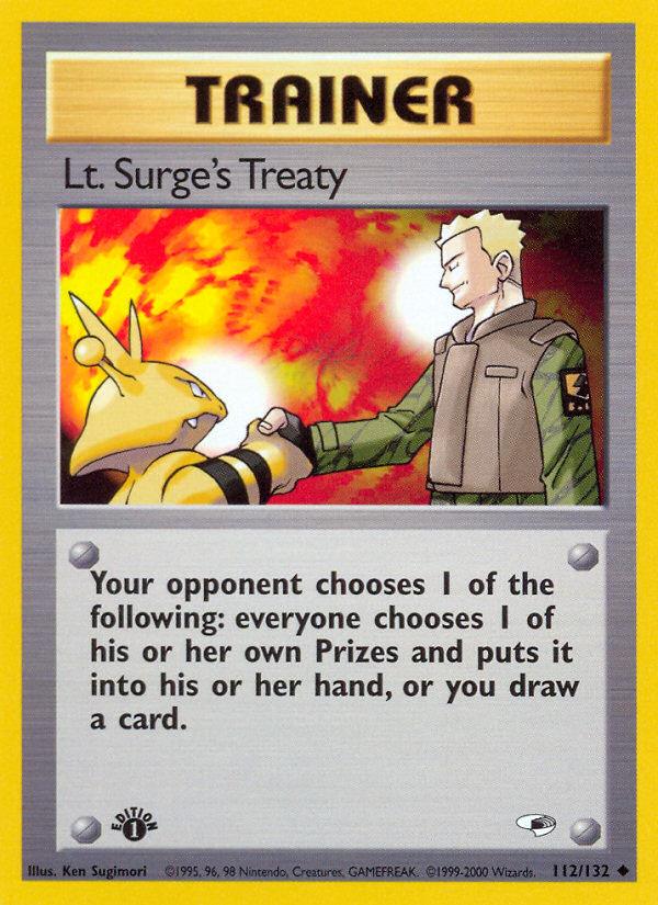 Pokémon-kaart Lt. Surge's Treaty 112/132 Uncommon uit de set Gym Heroes Hoofdafbeelding