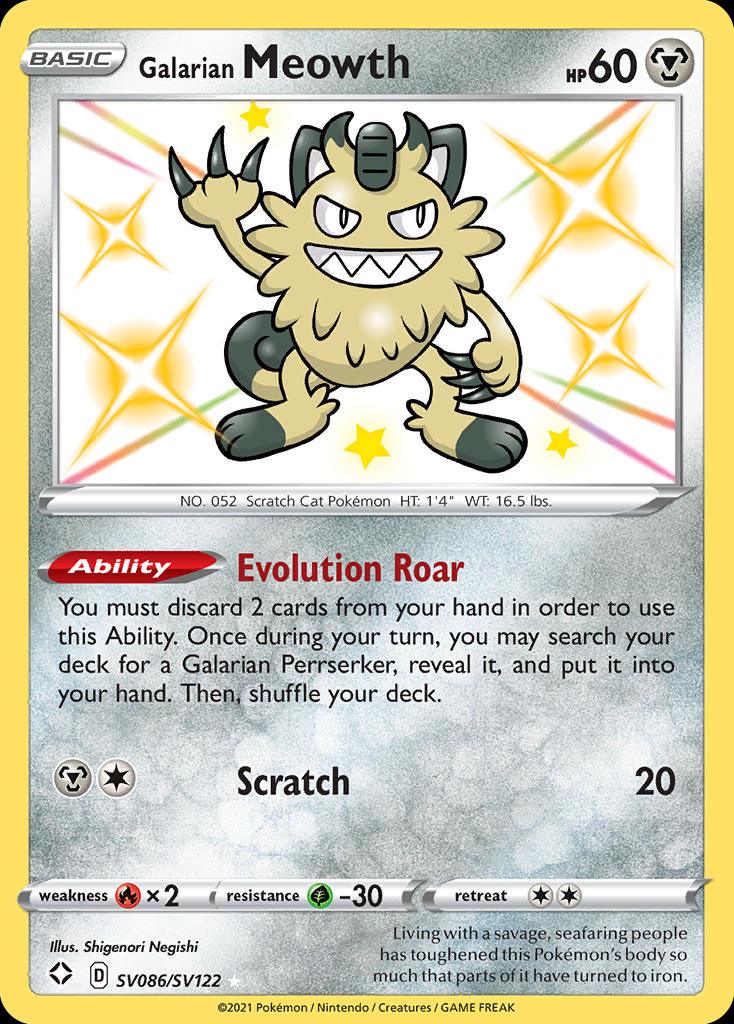 Pokémon-kaart Galarian Meowth SV086/SV122 Secret Rare uit de set Shining Fates Hoofdafbeelding