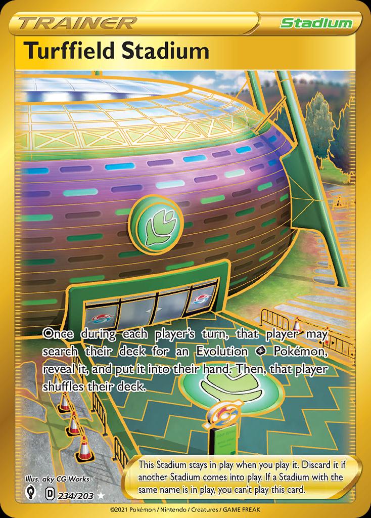Pokémon-kaart Turffield Stadium 234/203 Secret Rare uit de set Evolving Skies