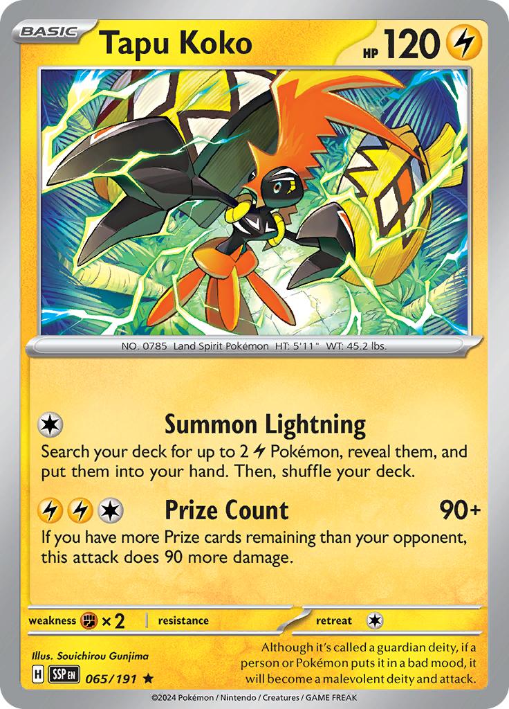 Pokémon-kaart Tapu Koko 065/191 Rare uit de set Surging Sparks