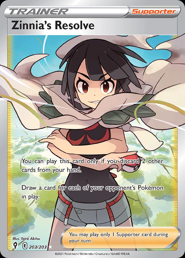 Pokémon-kaart Zinnia's Resolve 203/203 Ultra Rare uit de set Evolving Skies