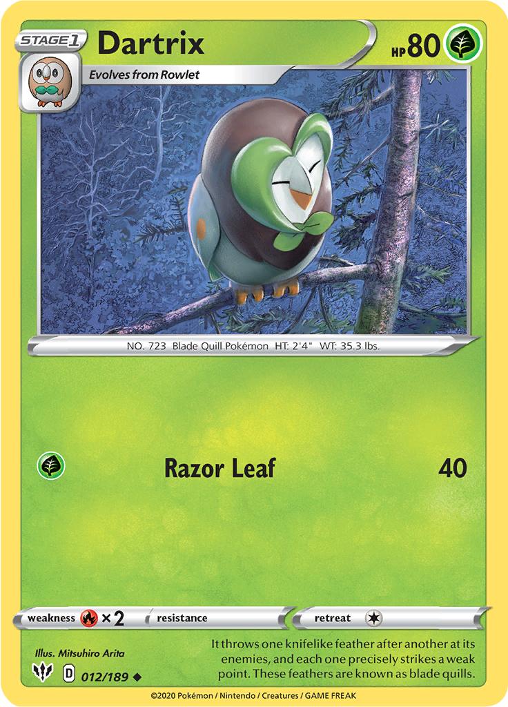 Pokémon-kaart Dartrix 012/189 Uncommon uit de set Darkness Ablaze Immagine principale del prodotto