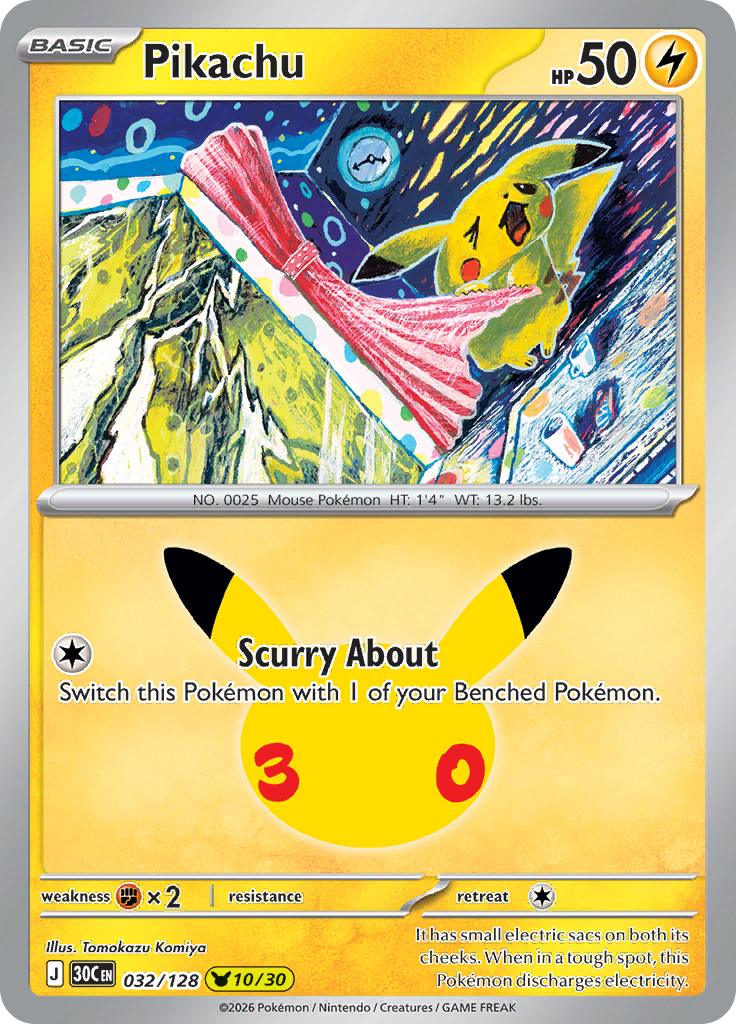 Pokémon-kaart Pikachu 032/128 Pikachu Rare uit de set 30th Celebration