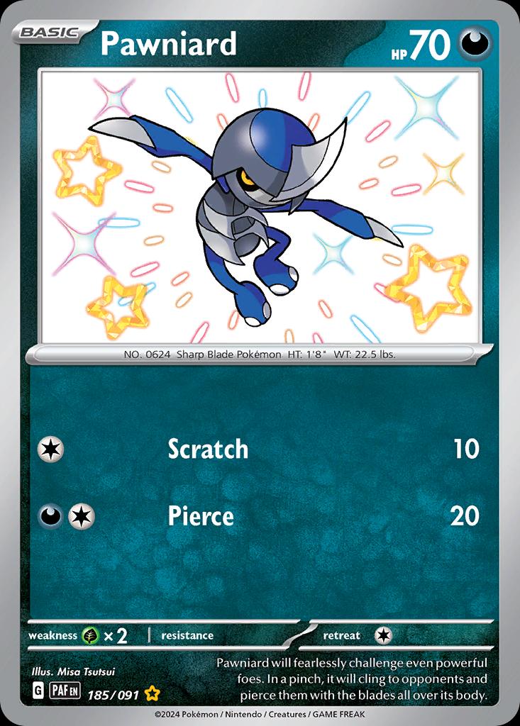 Pokémon-kaart Pawniard 185/91 Shiny Rare uit de set Paldean Fates