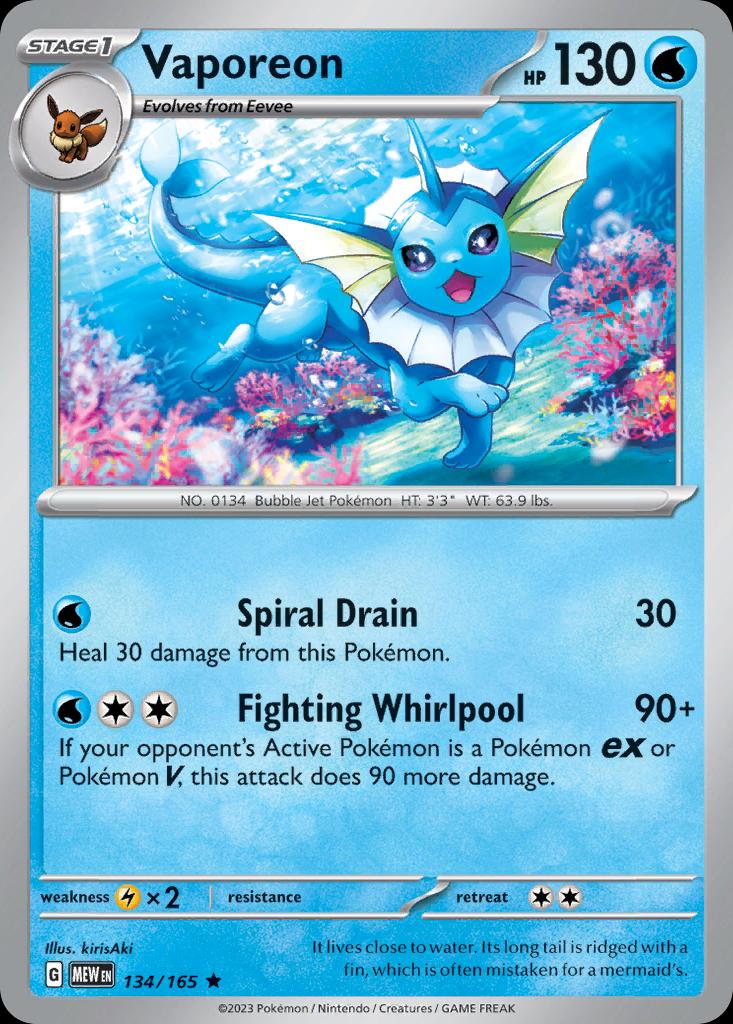 Pokémon-kaart Vaporeon 134/165 Rare uit de set 151 Image principale du produit