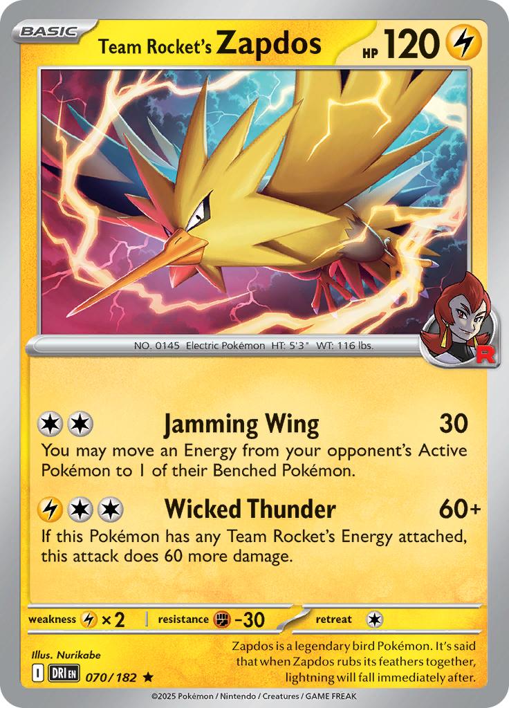 Pokémon-kaart Team Rocket's Zapdos 070/182 Rare uit de set Destined Rivals Image principale du produit