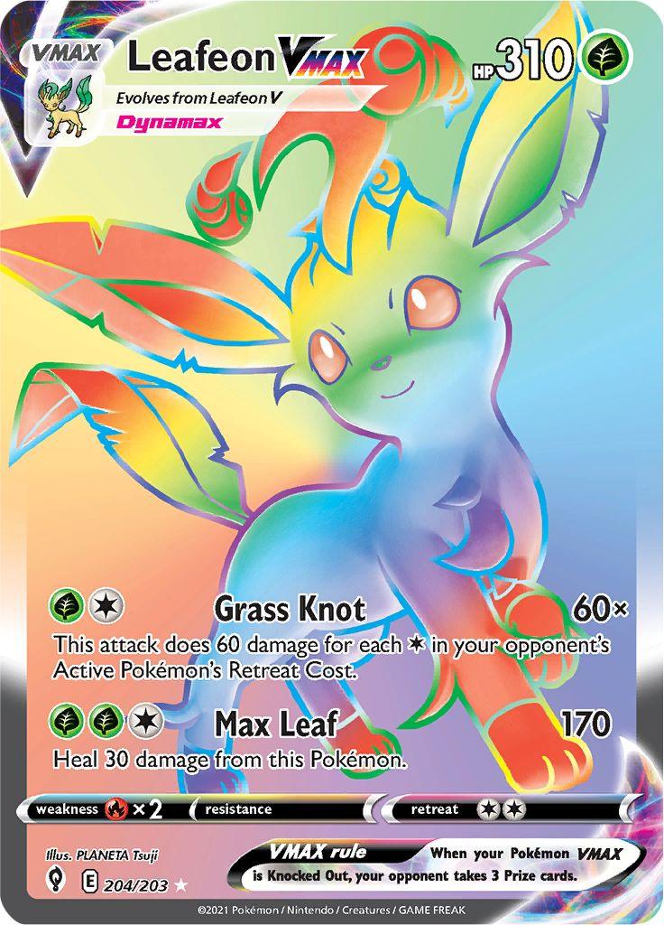 Pokémon-kaart Leafeon VMAX 204 Secret Rare uit de set Evolving Skies