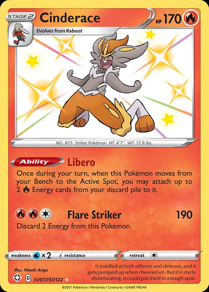 Pokémon-kaart Cinderace SV017/SV122 Secret Rare uit de set Shining Fates