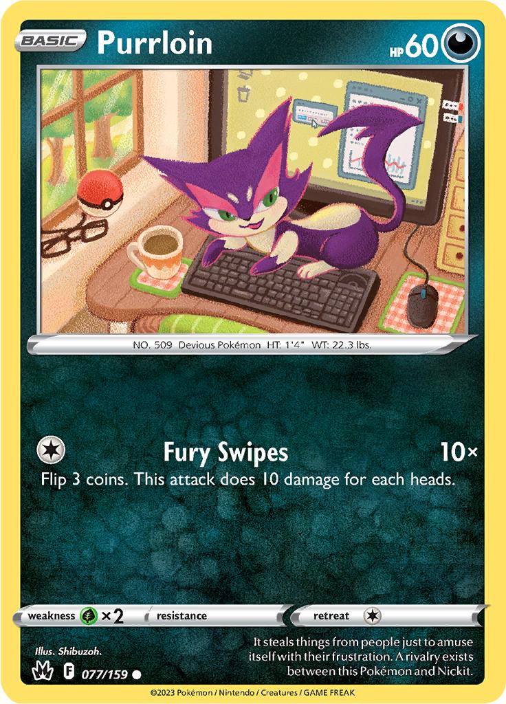 Pokémon-kaart Purrloin 77/159 Common uit de set Crown Zenith Immagine principale del prodotto