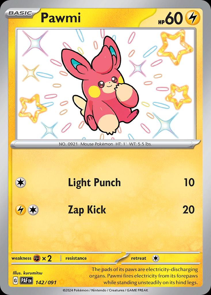 Pokémon-kaart Pawmi 142/91 Shiny Rare uit de set Paldean Fates