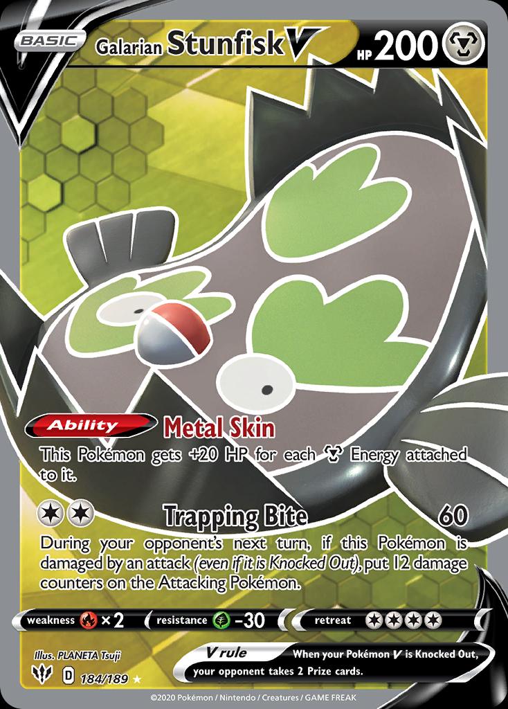 Pokémon-kaart Galarian Stunfisk V 184/189 Ultra Rare uit de set Darkness Ablaze Immagine principale del prodotto