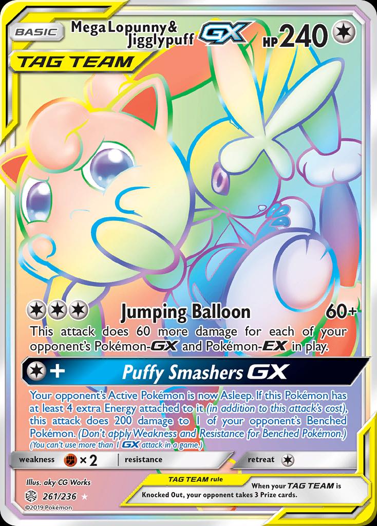 Pokémon-kaart Mega Lopunny & Jigglypuff GX 261/236 Secret Rare uit de set Cosmic Eclipse Imagen principal del producto