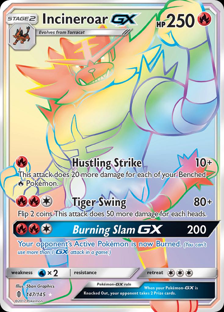 Pokémon-kaart Incineroar GX 147/145 Secret Rare uit de set Guardians Rising