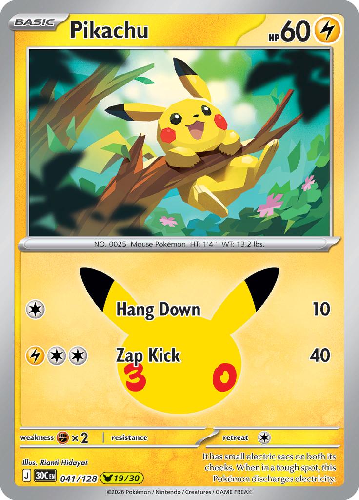 Pokémon-kaart Pikachu 041/128 Pikachu Rare uit de set 30th Celebration